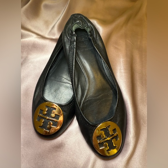 Tory Burch Shoes - Tory Burch Black Leather Ballet Flats with Gold Logo Medallions